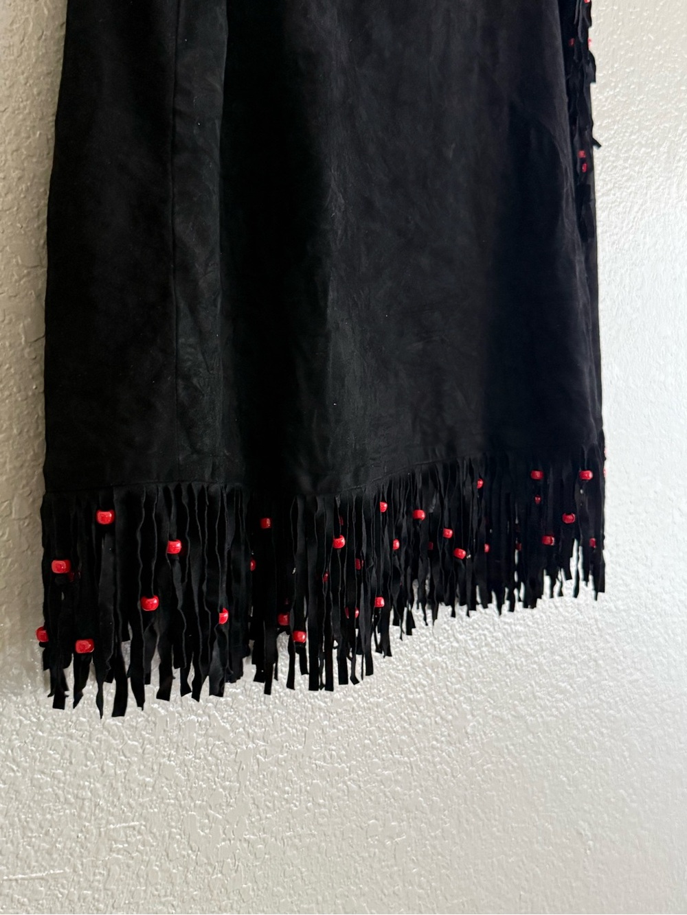 Vintage Black Suede Fringe Red Bead Western Wrap Midi Skirt L XL Cowgirl - Picture 6 of 9